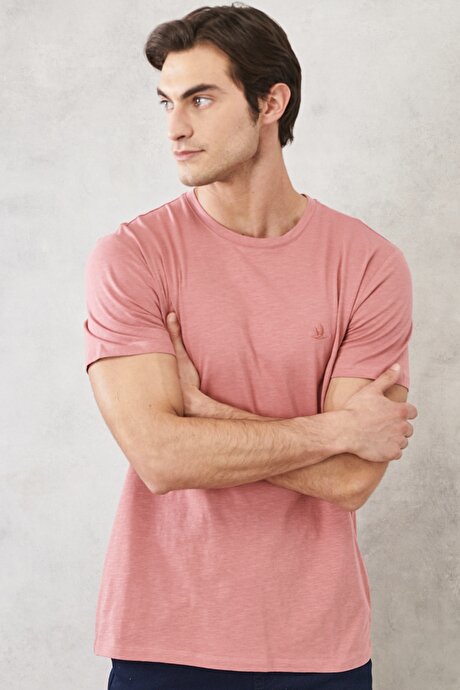 Slim Fit Dar Kesim Bisiklet Yaka %100 Pamuk Kısa Kollu Gül Kurusu Tişört resmi