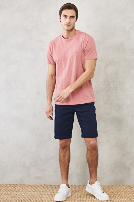 Slim Fit Dar Kesim Bisiklet Yaka %100 Pamuk Kısa Kollu Gül Kurusu Tişört resmi