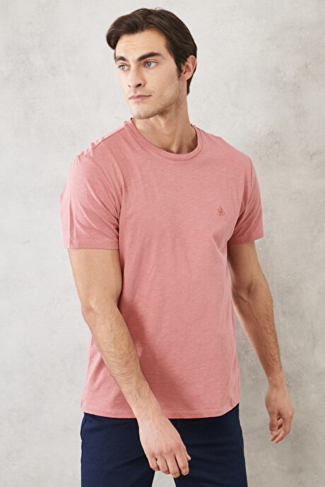 Slim Fit Dar Kesim Bisiklet Yaka %100 Pamuk Kısa Kollu Gül Kurusu Tişört resmi