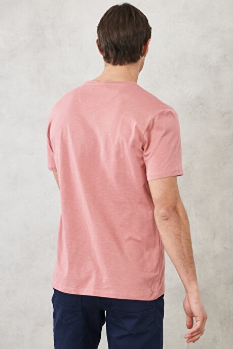 Slim Fit Dar Kesim Bisiklet Yaka %100 Pamuk Kısa Kollu Gül Kurusu Tişört resmi