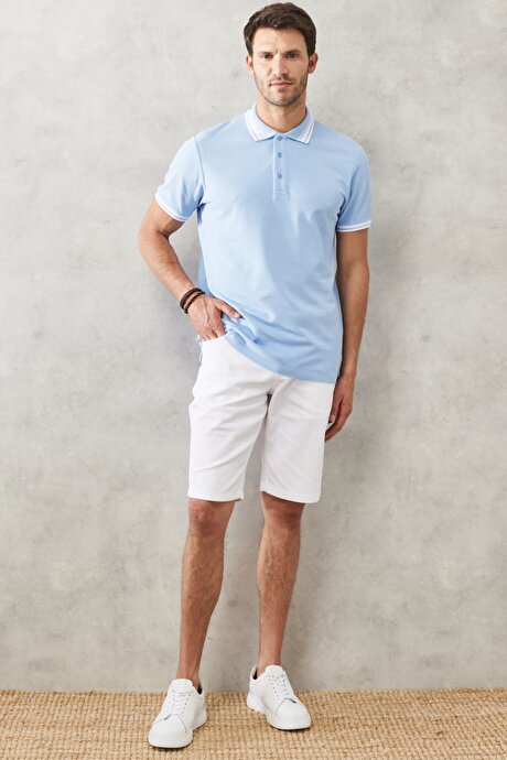 Slim Fit Dar Kesim Polo Yaka %100 Pamuk Açık Mavi Tişört resmi