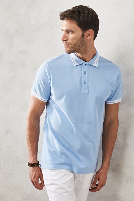 Slim Fit Dar Kesim Polo Yaka %100 Pamuk Açık Mavi Tişört resmi