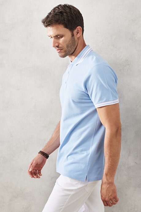 Slim Fit Dar Kesim Polo Yaka %100 Pamuk Açık Mavi Tişört resmi