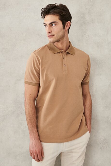Slim Fit Dar Kesim Polo Yaka %100 Pamuk Vizon Tişört resmi