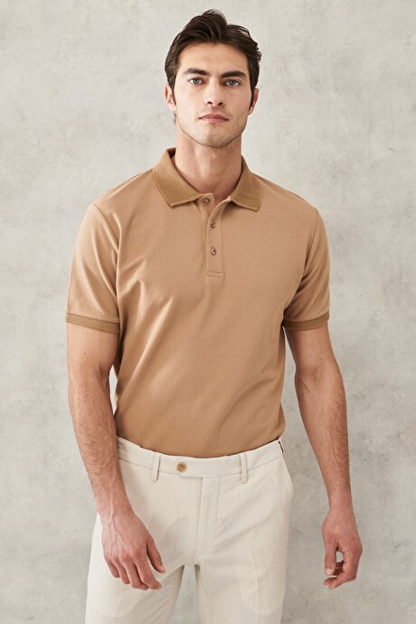 Slim Fit Dar Kesim Polo Yaka %100 Pamuk Vizon Tişört resmi