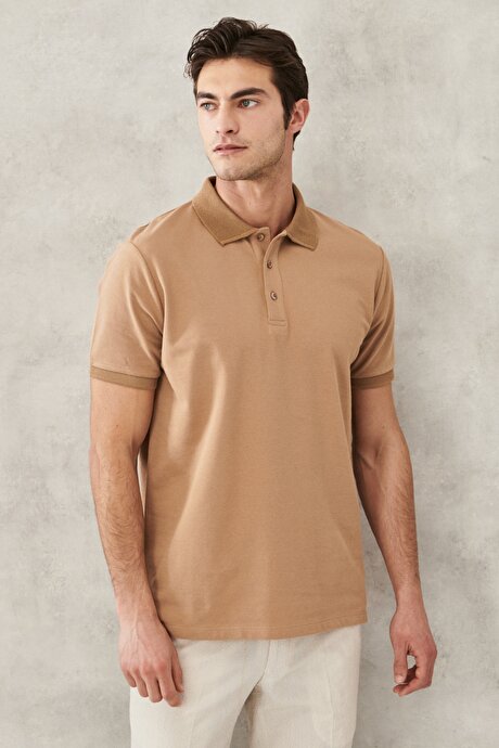 Slim Fit Dar Kesim Polo Yaka %100 Pamuk Vizon Tişört resmi