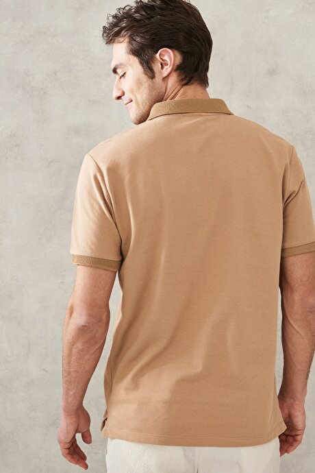 Slim Fit Dar Kesim Polo Yaka %100 Pamuk Vizon Tişört resmi