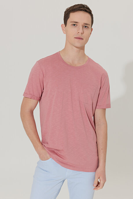 Slim Fit Dar Kesim %100 Pamuk Bisiklet Yaka Cepli Gül Kurusu Tişört resmi