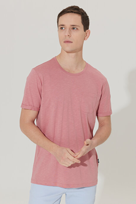 Slim Fit Dar Kesim %100 Pamuk Bisiklet Yaka Cepli Gül Kurusu Tişört resmi