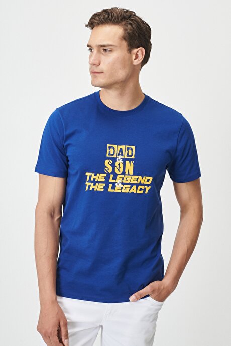 Slim Fit Dar Kesim %100 Pamuk Bisiklet Yaka Baskılı Açık Lacivert Tişört resmi