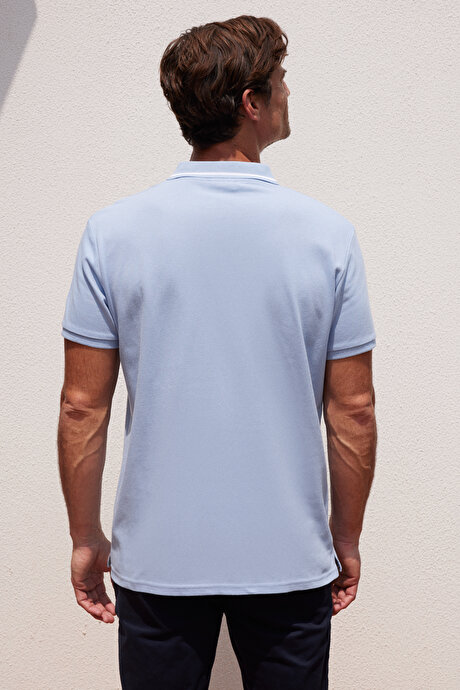 Slim Fit Dar Kesim Polo Yaka %100 Pamuk Kısa Kollu Baba Açık Mavi Tişört resmi