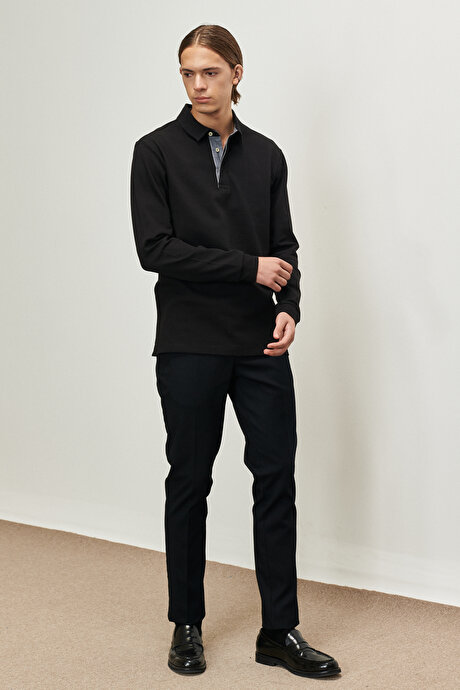Slim Fit Dar Kesim Polo Yaka Siyah Uzun Kollu Tişört resmi