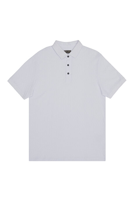 Slim Fit Dar Kesim Polo Yaka Pamuklu Jakarlı Beyaz Tişört resmi