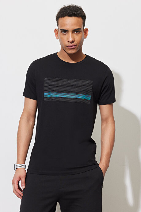 Slim Fit Dar Kesim Bisiklet Yaka Kısa Kollu Baskılı Pamuklu Siyah Tişört resmi