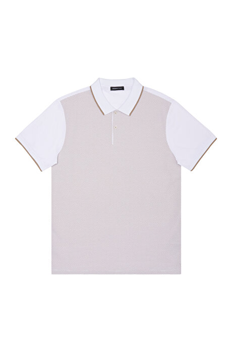 Slim Fit Dar Kesim Polo Yaka Pamuklu Jakarlı Bej-Beyaz Tişört resmi