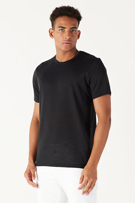 Slim Fit Dar Kesim Bisiklet Yaka Kısa Kollu Keten Görünümlü Siyah Tişört resmi