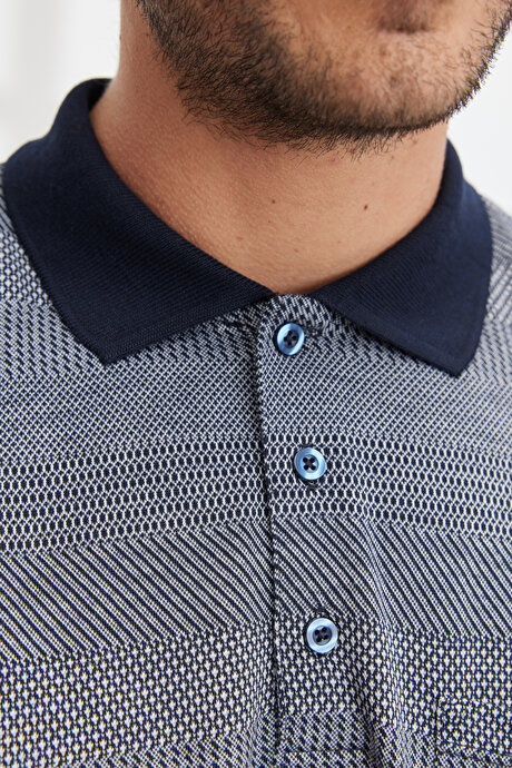 Comfort Fit Geniş Kesim Polo Yaka Jakarlı Lacivert Tişört resmi