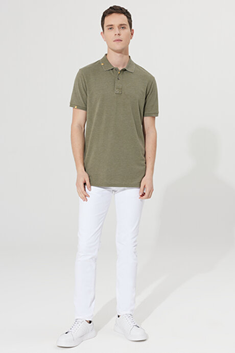 Slim Fit Dar Kesim Polo Yaka Pamuklu Kısa Kollu Haki Tişört resmi