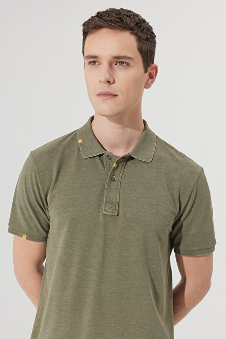 Slim Fit Dar Kesim Polo Yaka Pamuklu Kısa Kollu Haki Tişört resmi