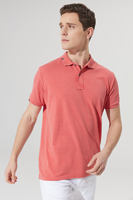 Slim Fit Dar Kesim Polo Yaka Pamuklu Kısa Kollu Kiremit Tişört resmi