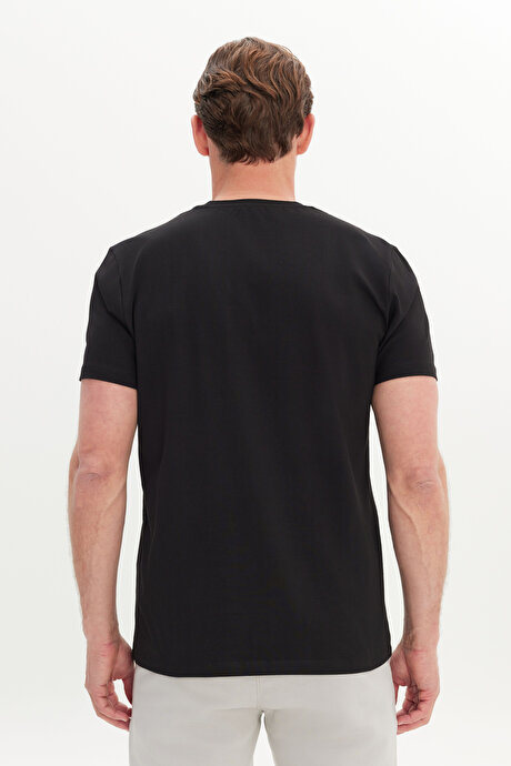 Slim Fit Dar Kesim Bisiklet Yaka Pamuklu Desenli Siyah Tişört resmi
