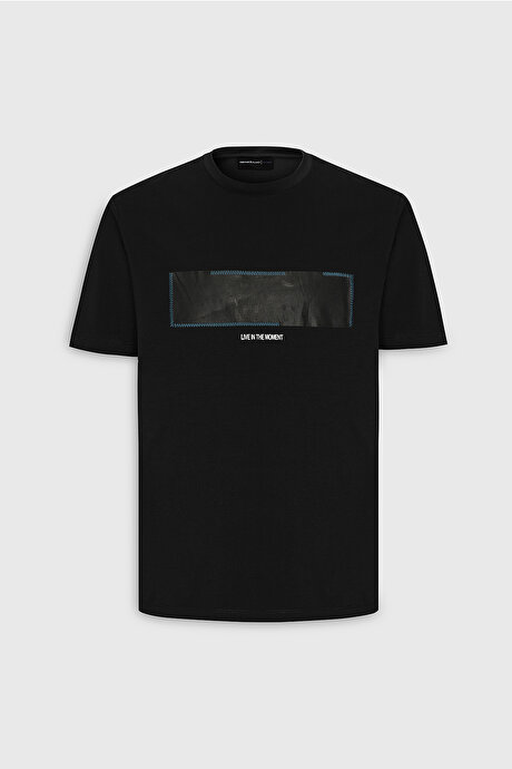 Slim Fit Dar Kesim Bisiklet Yaka Pamuklu Desenli Siyah Tişört resmi