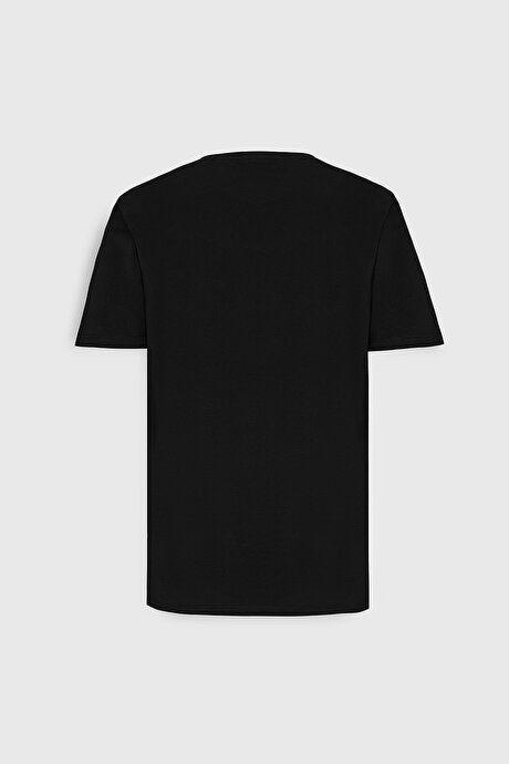 Slim Fit Dar Kesim Bisiklet Yaka Pamuklu Desenli Siyah Tişört resmi