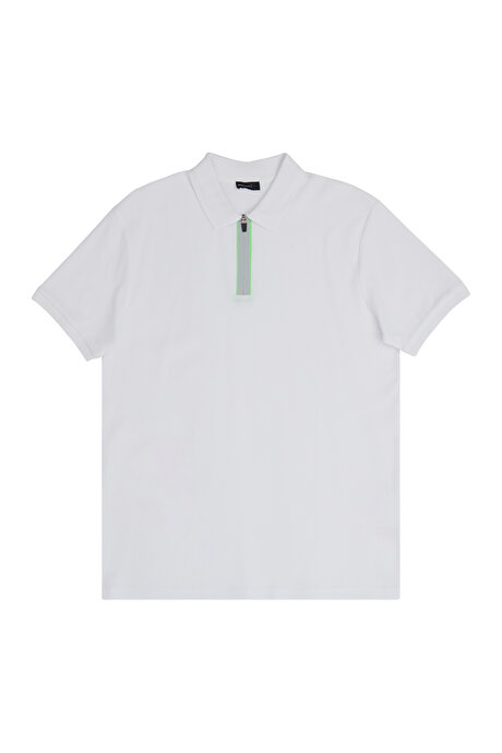 Slim Fit Dar Kesim Polo Yaka %100 Pamuk Petek Desenli Kısa Kollu Beyaz Tişört resmi