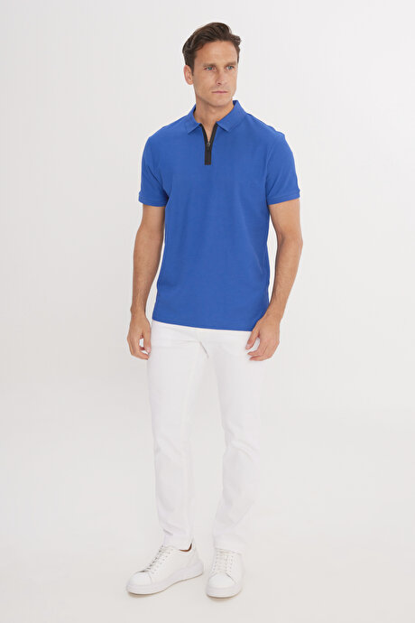 Slim Fit Dar Kesim Polo Yaka %100 Pamuk Petek Desenli Kısa Kollu Saks Tişört resmi