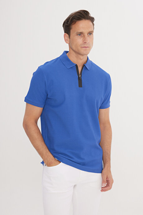 Slim Fit Dar Kesim Polo Yaka %100 Pamuk Petek Desenli Kısa Kollu Saks Tişört resmi