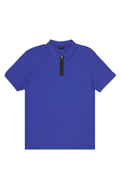 Slim Fit Dar Kesim Polo Yaka %100 Pamuk Petek Desenli Kısa Kollu Saks Tişört resmi