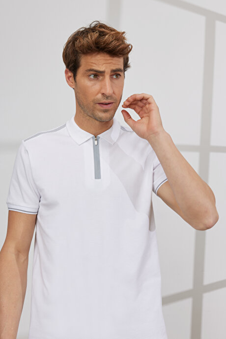 Slim Fit Dar Kesim Polo Yaka Pamuklu Kısa Kollu Beyaz Tişört resmi
