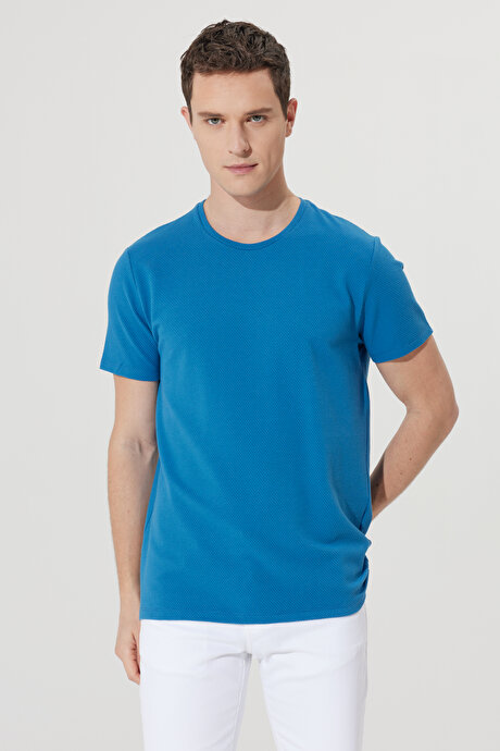 Slim Fit Dar Kesim Bisiklet Yaka Kısa Kollu Yumuşak Tuşeli Basic İndigo Tişört resmi