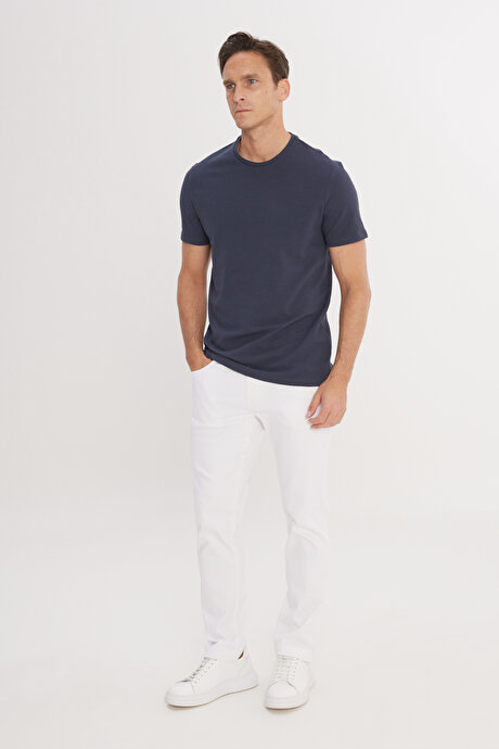 Slim Fit Dar Kesim Bisiklet Yaka Kısa Kollu Yumuşak Tuşeli Basic Lacivert Tişört resmi