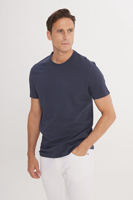 Slim Fit Dar Kesim Bisiklet Yaka Kısa Kollu Yumuşak Tuşeli Basic Lacivert Tişört resmi