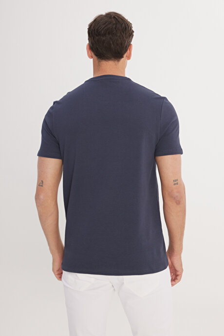 Slim Fit Dar Kesim Bisiklet Yaka Kısa Kollu Yumuşak Tuşeli Basic Lacivert Tişört resmi
