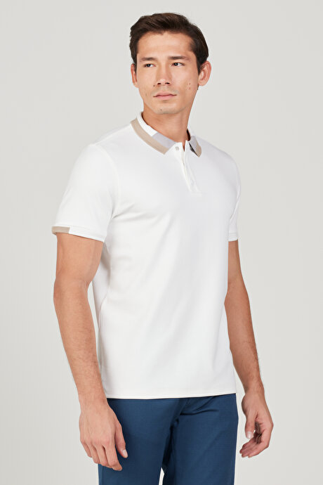 Slim Fit Dar Kesim Polo Yaka Pamuklu Beyaz Tişört resmi