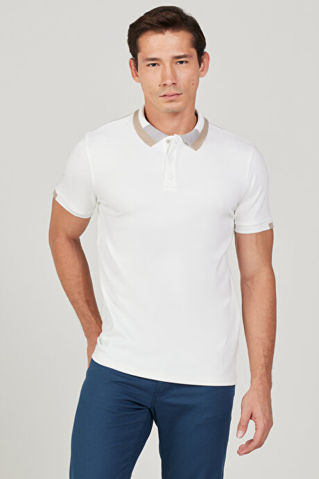 Slim Fit Dar Kesim Polo Yaka Pamuklu Beyaz Tişört resmi