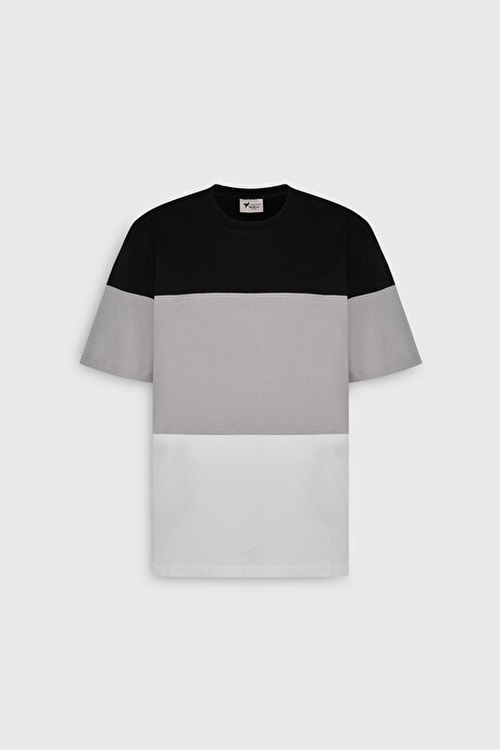 Oversize Bol Kesim %100 Pamuk Cepli Çift Renk Desenli Siyah-Beyaz Tişört resmi