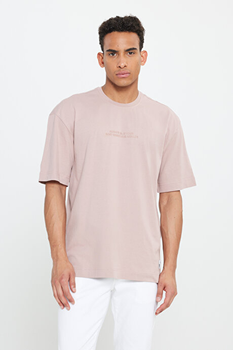 Oversize Bol Kesim Bisiklet Yaka %100 Pamuk Desenli Pudra Tişört resmi