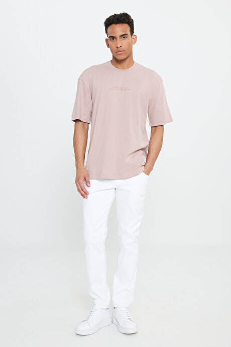 Oversize Bol Kesim Bisiklet Yaka %100 Pamuk Desenli Pudra Tişört resmi