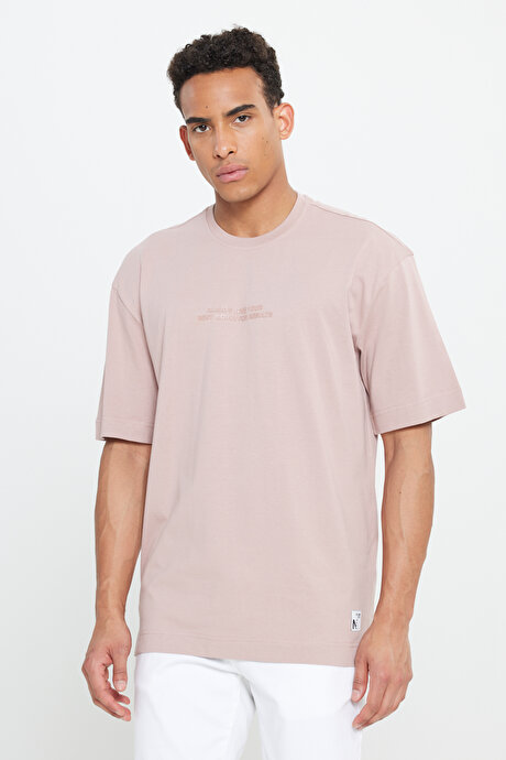 Oversize Bol Kesim Bisiklet Yaka %100 Pamuk Desenli Pudra Tişört resmi