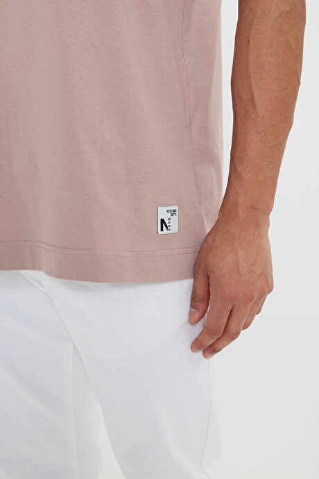 Oversize Bol Kesim Bisiklet Yaka %100 Pamuk Desenli Pudra Tişört resmi