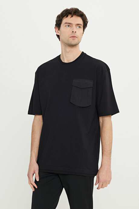Oversize Bol Kesim Bisiklet Yaka %100 Pamuk Kısa Kollu Siyah Tişört resmi