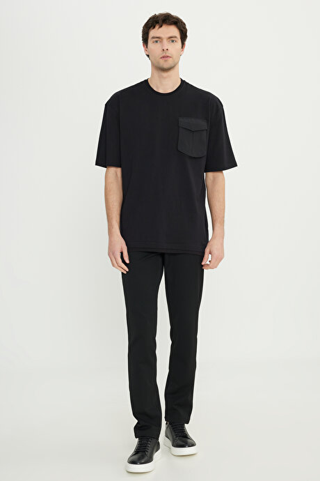 Oversize Bol Kesim Bisiklet Yaka %100 Pamuk Kısa Kollu Siyah Tişört resmi