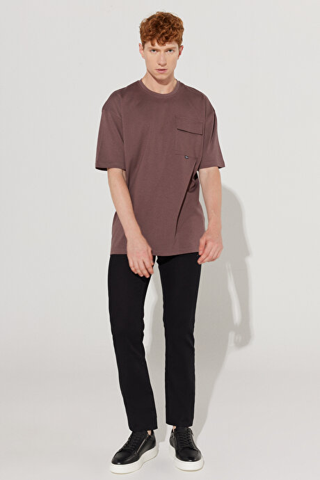 Oversize Bol Kesim Bisiklet Yaka %100 Pamuk Cepli Mürdüm Tişört resmi