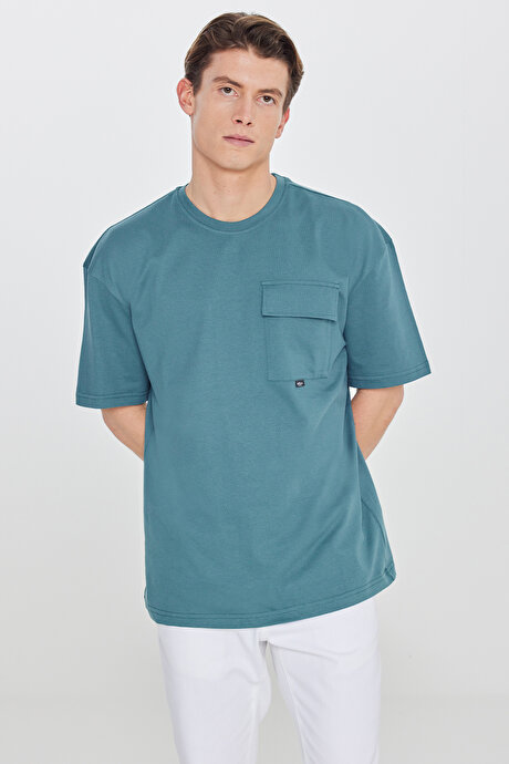 Oversize Bol Kesim Bisiklet Yaka %100 Pamuk Cepli Petrol Tişört resmi