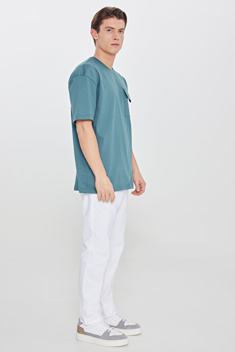 Oversize Bol Kesim Bisiklet Yaka %100 Pamuk Cepli Petrol Tişört resmi