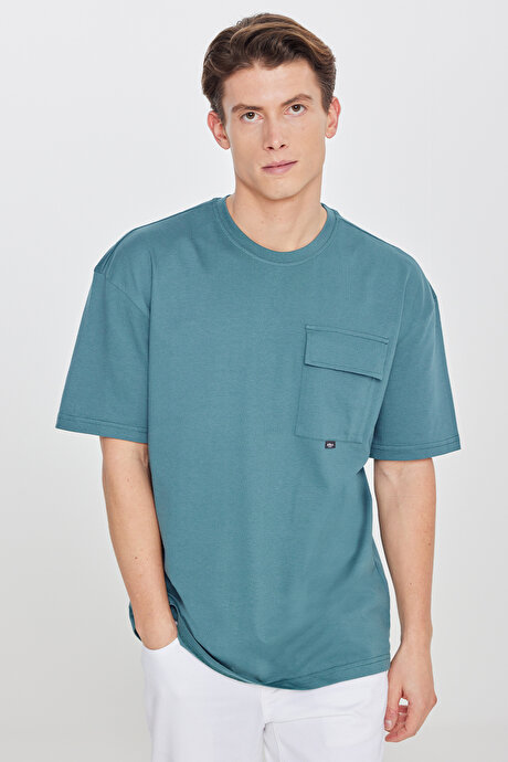 Oversize Bol Kesim Bisiklet Yaka %100 Pamuk Cepli Petrol Tişört resmi