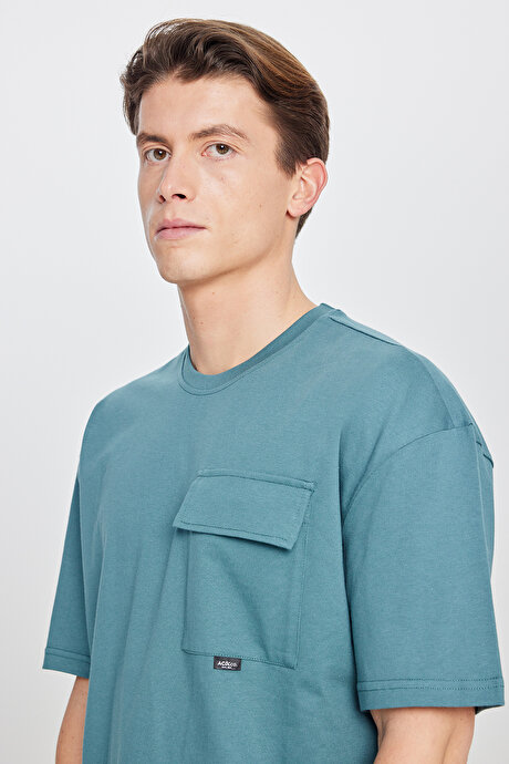 Oversize Bol Kesim Bisiklet Yaka %100 Pamuk Cepli Petrol Tişört resmi